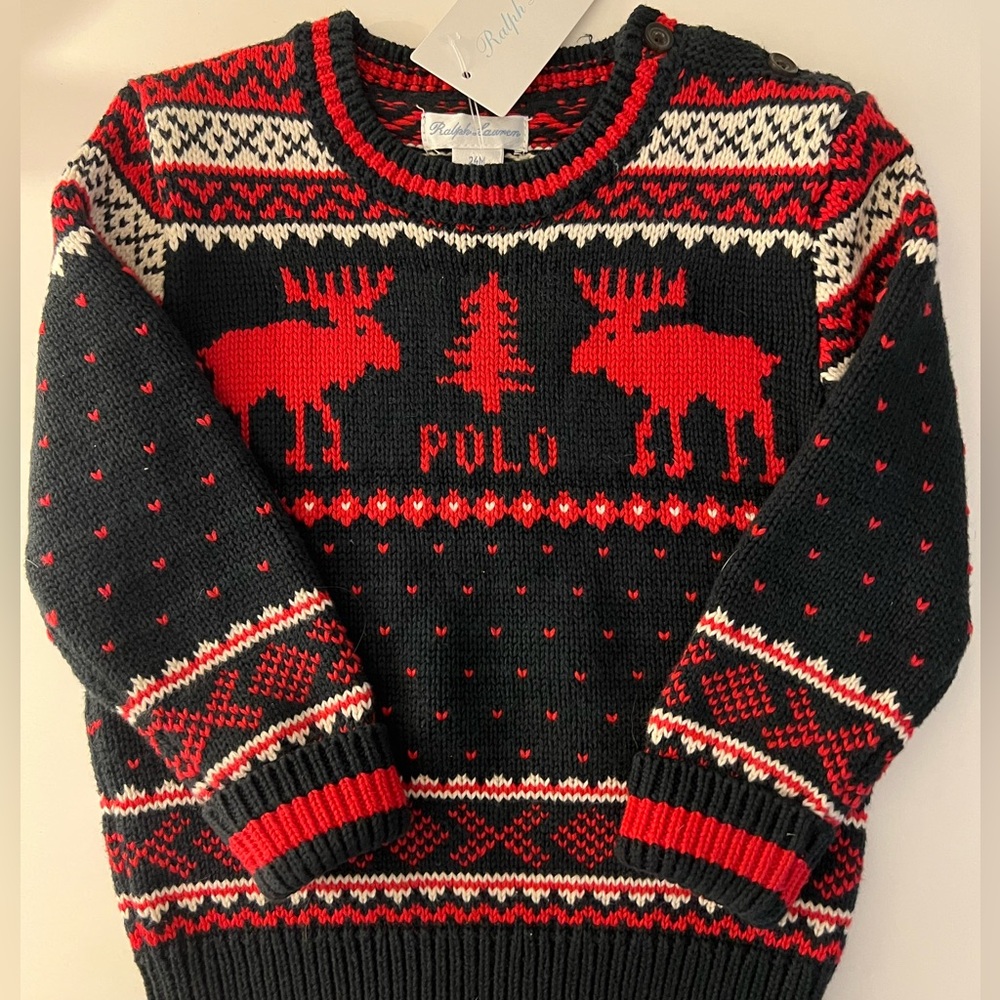 Polo by Ralph Lauren Black and Red Moose Crewneck Sweater